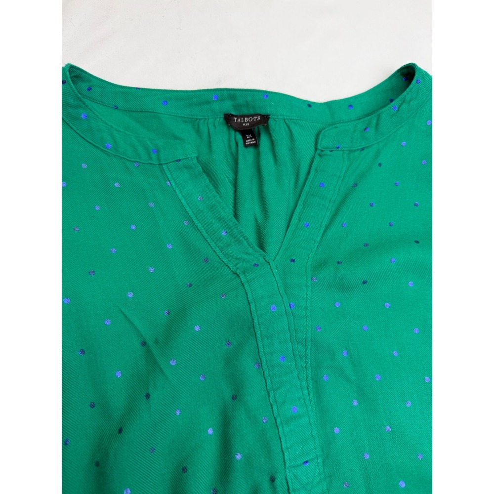 Talbots Plus Womens 2X Green Blue Metallic Polka Dot Split Neck Blouse Top